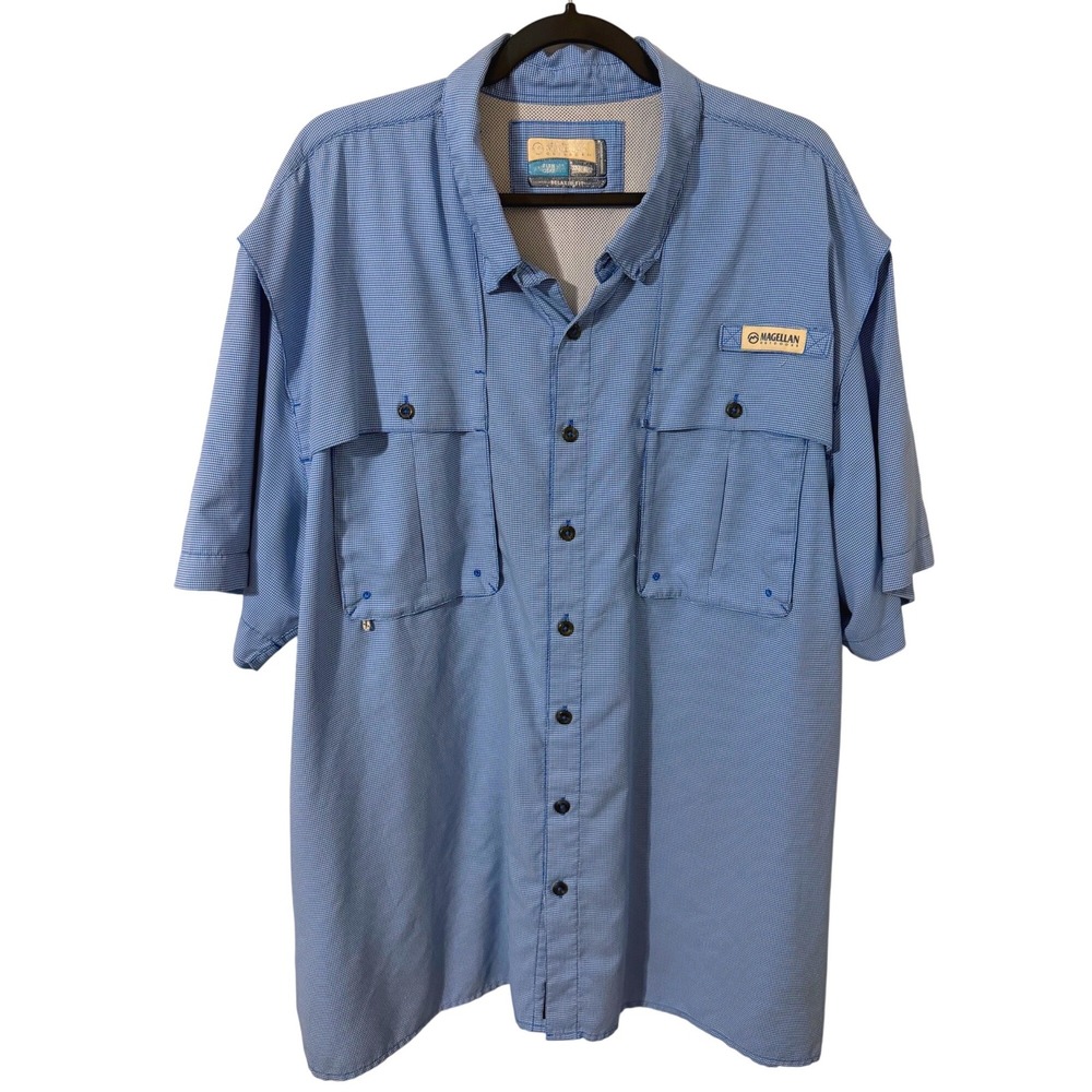 MAGELLAN Fishing Shirt Mens Blue Gingham Plaid Short Sleeve Hiking 2XL